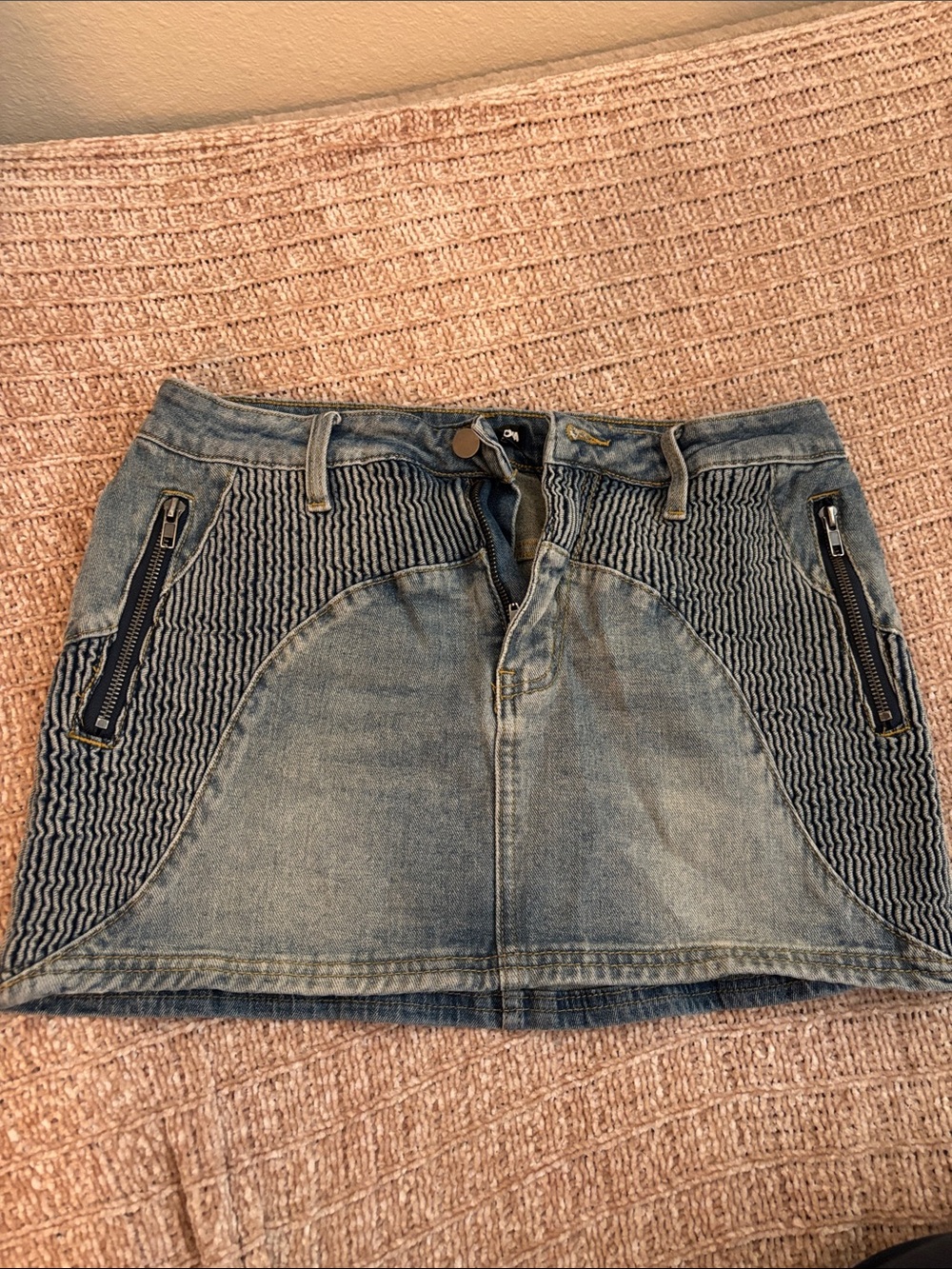 Fashion Nova Light Blue Denim Mini Skirt with Navy Textured Panels